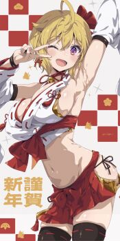 Rule 34 | 1girl, absurdres, ahoge, arm up, armpits, black panties, black thighhighs, blonde hair, blush, bracelet, breasts, cleavage, commentary, english commentary, hakama, hakama skirt, highres, ibuki tsubasa, idolmaster, idolmaster million live!, idolmaster million live! theater days, japanese clothes, jewelry, kimono, large breasts, looking at viewer, midriff, miko, navel, nontraditional miko, one eye closed, oomura karasu, open mouth, panties, pleated skirt, red hakama, red skirt, ribbon-trimmed sleeves, ribbon trim, short hair, side-tie panties, simple background, skirt, smile, solo, thighhighs, translation request, underwear, v, white kimono, wide sleeves