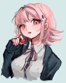 Rule 34 | 1girl, babojjyang (ije bongyeibnida), breasts, brown hair, collared shirt, commentary request, danganronpa (series), danganronpa 2: goodbye despair, flipped hair, hair ornament, heart, highres, jacket, korean commentary, long sleeves, looking at viewer, medium hair, nanami chiaki, neck ribbon, open clothes, open jacket, pink eyes, pink ribbon, ribbon, shirt, solo, white shirt