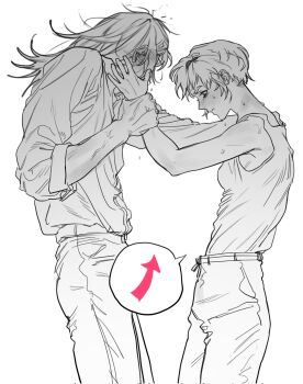 1boy 1girl abaddon_(haunted_hotel) aged_up blush commentary_request cowboy_shot esther_freeling grabbing_another&#039;s_arm greyscale hand_on_another&#039;s_face hand_on_another&#039;s_shoulder haunted_hotel hetero highres implied_erection korean_commentary monochrome rickorty_08 shirt simple_background standing sweat tank_top white_background