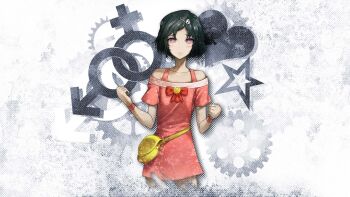 1boy bare_shoulders black_hair blush bra_strap chest_bow clenched_hands closed_mouth cowboy_shot crossdressing crossdressing_(mtf) dress embarrassed formal_clothes game_cg gears hair_ornament hands_up highres huke interlocked_mars_and_venus_symbols looking_at_viewer mars_symbol off_shoulder official_art pink_dress science_adventure short_dress short_hair solo standing steins;gate steins;gate:_my_darling&#039;s_embrace thighs trap urushibara_luka venus_symbol white_background