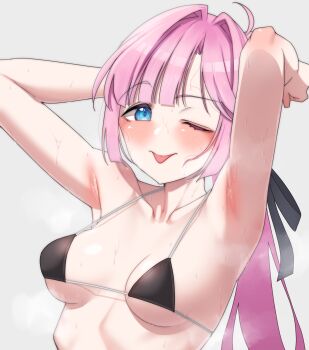 Rule 34 | 1girl, ;p, absurdres, anyoji hime, armpits, bikini, black bikini, blue eyes, blush, breasts, commentary request, grey background, highres, link! like! love live!, long hair, looking at viewer, love live!, medium breasts, nasuno (nasuno42), one eye closed, pink hair, simple background, solo, steaming body, sweat, swimsuit, tongue, tongue out, upper body