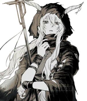 1girl arknights aw0lowa belt commentary_request hair_between_eyes hand_up highres holding holding_weapon hood hood_up horns jewelry long_hair looking_at_viewer monochrome necklace shining_(arknights) simple_background solo upper_body weapon white_background