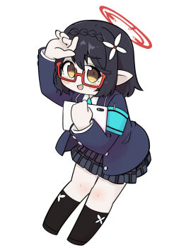 1girl :d arm_up armband ayane_(blue_archive) black_hair black_shoes black_socks blazer blue_archive blue_jacket blue_necktie blush_stickers braid brown_eyes chibi collared_shirt flower full_body grey_skirt hair_between_eyes hair_flower hair_ornament halo holding jacket long_sleeves miranofuudoria necktie open_mouth plaid_clothes plaid_skirt pleated_skirt pointy_ears school_uniform shirt shoes simple_background skirt smile socks solo tablet_pc white_background white_flower white_shirt