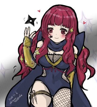 1girl asymmetrical_legwear black_scarf bodystocking breasts chizuru752830fe cleavage facial_mark fire_emblem fire_emblem_engage fire_emblem_heroes fishnet_bodystocking fishnet_thighhighs fishnets highres large_breasts ninja nintendo official_alternate_costume red_eyes red_hair scarf shuriken shuriken_hair_ornament solo star_(symbol) star_facial_mark thighhighs thighs weapon yunaka_(fire_emblem) yunaka_(stealthy_imitator)_(fire_emblem)