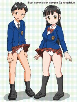 Rule 34 | 1boy, 1girl, absurdres, arms at sides, bare legs, black hair, black socks, blue jacket, bow, bow panties, bowtie, breasts, briefs, brown eyes, classic fly briefs, closed mouth, clothes lift, crossdressing, embarrassed, green background, hair ornament, hairclip, highres, jacket, kneehighs, legs apart, long hair, looking at viewer, looking to the side, male underwear, male underwear peek, marup, medium breasts, mitsuru (marup), necktie, no shirt, open mouth, pale skin, panties, panty peek, petite, plaid background, plaid clothes, plaid skirt, red skirt, saki-chan (marup), sample watermark, school uniform, shirt, shoes, short hair, skirt, skirt lift, smile, socks, standing, tan, underwear, underwear peek, watermark, white briefs, white male underwear, white panties, white shirt, wind, wind lift