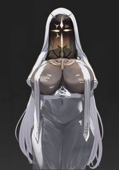 1girl absurdres black_veil breast_curtains breasts commentary_request covered_face covered_navel english_text faceless faceless_female gloves goddess_of_victory:_nikke highres hth5k korean_commentary large_breasts long_hair nun nun_headdress own_hands_together robe solo translation_request v.t.c._priestess_(nikke) veil veil_over_eyes very_long_hair white_gloves white_hair