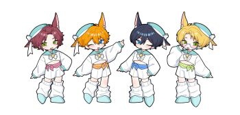 Rule 34 | 4boys, akehoshi subaru, animal ears, aqua shoes, arm up, bangs pinned back, black hair, blonde hair, blue-framed eyewear, blue eyes, blue sash, chibi, chibi only, commentary, crop top, ensemble stars!, glasses, green eyes, green sash, hand on own hip, hat, hidaka hokuto, highres, isara mao, kemonomimi mode, leg warmers, long sleeves, looking at viewer, male focus, matching outfits, mgi 0210, multiple boys, one eye closed, open mouth, orange hair, orange sash, outstretched arm, pink sash, red hair, sailor hat, sash, school uniform, semi-rimless eyewear, serafuku, shoes, shorts, simple background, smile, trickstar (ensemble stars!), white background, white leg warmers, white shorts, yuuki makoto (ensemble stars!)