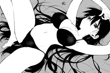 Rule 34 | 1girl, azumanga daiou, barefoot, bikini, black eyes, breasts, cleavage, greyscale, highres, large breasts, long hair, lying, monochrome, navel, sakaki (azumanga daioh), solo, swimsuit, take shinobu