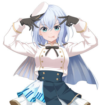 1girl :p absurdres aqua_eyes arms_up bang_dream! bang_dream!_girls_band_party! black_gloves black_hat black_ribbon black_skirt buttons capelet closed_mouth commentary commission cowboy_shot crossed_bangs dopamine70 double_v gloves grey_capelet grey_hair hair_between_eyes hands_up hat high-waist_skirt highres hoshino_ai's_pose jacket kurata_mashiro layered_skirt long_sleeves looking_at_viewer medium_hair neck_ribbon peaked_cap pose_imitation ribbon simple_background skirt smile solo standing tilted_headwear tongue tongue_out two-tone_hat two-tone_skirt v white_background white_hat white_jacket white_skirt