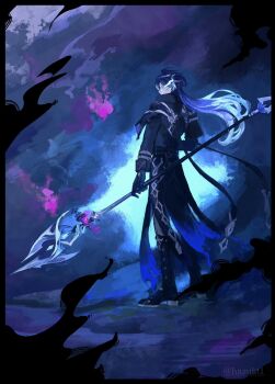 1boy black_boots black_border black_capelet black_coat black_pants bloodsoaked_ruins_(genshin_impact) blue_hair blue_theme boots border capelet coat flins_(genshin_impact) floating_hair genshin_impact gradient_hair hazukt1 highres holding holding_polearm holding_weapon long_hair long_sleeves male_focus multicolored_hair pants polearm sleeve_cuffs solo standing weapon