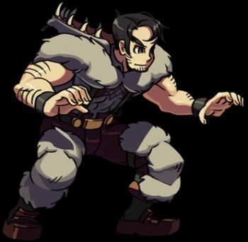 Rule 34 | 1boy, ahoge, animated, animated gif, belt, beowulf (skullgirls), black hair, facial hair, fighting stance, fur, grey eyes, loafers, lowres, male focus, muscular, official art, pelt, shoes, short hair, skullgirls, smirk, solo, stubble, suspenders, thick eyebrows, transparent background, wristband