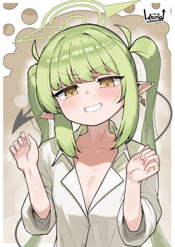 1girl absurdres bilingual_commentary blue_archive blush collarbone collared_shirt commentary_request dated_commentary demon_tail earrings flat_chest green_hair green_halo grin halo highres jewelry korean_commentary leonat long_hair looking_at_viewer mixed-language_commentary nozomi_(blue_archive) pointy_ears shirt smile solo tail twintails upper_body white_shirt yellow_eyes