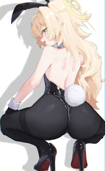 1girl absurdres animal_ears ass blonde_hair blue_archive blush fake_animal_ears fake_tail green_eyes high_heels highres loli long_hair looking_at_viewer looking_back lyvysn no_bra open_mouth pantyhose playboy_bunny professor_niyaniya_(blue_archive) rabbit_ears rabbit_girl rabbit_tail shadow squatting tail white_background