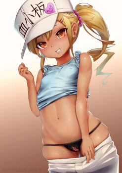 10s 1girl alternate_hairstyle bare_arms bare_shoulders black_panties blue_shirt blush breasts brown_background brown_eyes brown_hair carbon12th character_name cleft_of_venus clothes_lift clothes_pull commentary covered_erect_nipples cowboy_shot crotchless crotchless_panties decensored drill_hair earrings english_commentary flat_cap gradient_background grin gyaru hair_ornament hair_scrunchie hairclip hat hataraku_saibou hoop_earrings jewelry loli long_hair looking_at_viewer mars_symbol navel panties patreon_username pink_scrunchie platelet_(hataraku_saibou) ponytail pussy scrunchie shiny_skin shirt shirt_lift shorts shorts_pull sidelocks skindentation sleeves_pushed_up small_breasts smile solo standing tan third-party_edit uncensored underwear venus_symbol watermark web_address white_background white_hat white_shorts