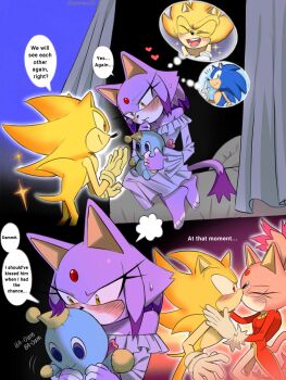 1boy 1girl animal_ears blaze_the_cat blush burning_blaze cat_ears cat_girl cat_tail chao_(sonic) closed_eyes forehead_jewel fur-trimmed_gloves fur_trim gloves heart highres hugging_doll hugging_object kiss pink_fur sleepwear sonic_(series) sonic_rush sonic_the_hedgehog speech_bubble stuffed_toy super_sonic tail thought_bubble white_gloves yellow_fur yeonwu08