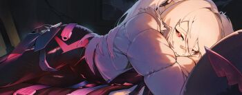 1girl absurdres armored_bodysuit bandaid bandaid_on_face bandaid_on_nose black_bodysuit blonde_hair bodysuit broken_window closed_mouth cropped_legs fang fur-trimmed_jacket fur_trim goddess_of_victory:_nikke hair_intakes head_on_arm highres jacket kimkichun laplace_(nikke) long_hair looking_at_viewer lying padded_jacket red-tinted_eyewear red_eyes skin_fang smile solo tinted_eyewear triangular_eyewear twintails unworn_eyewear white_jacket