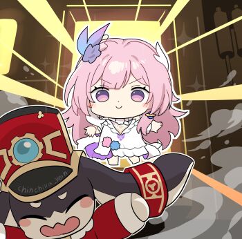 1girl 1other absurdres chibi closed_mouth cyrene_(honkai:_star_rail) dress hair_ornament highres honkai:_star_rail honkai_(series) long_hair looking_at_viewer ooyun open_mouth pink_eyes pink_hair pom-pom_(honkai:_star_rail) smile standing v-shaped_eyebrows white_dress