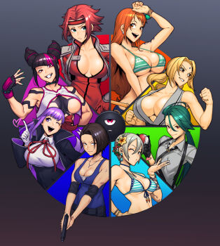 6+girls bb_(fate) bb_(fate/extra) bikini black_hair blonde_hair breasts choker cleavage code_geass color_wheel_challenge commentary_request crossover dyun fate/extra fate/extra_ccc fate_(series) female_focus fingerless_gloves flat_chest gloves grey_hair han_juri highres idolmaster idolmaster_cinderella_girls idolmaster_cinderella_girls_starlight_stage jill_valentine kouzuki_kallen large_breasts long_hair matching_hair/eyes multiple_crossover multiple_drawing_challenge multiple_girls nami_(one_piece) nami_(one_piece)_(return_to_sabaody) naruto_(classic) naruto_(series) nintendo one_eye_closed one_piece open_mouth orange_hair poke_ball pokemon pokemon_sv ponytail purple_hair rainbow_order red_hair resident_evil resident_evil_3:_nemesis resident_evil_3_(remake) rika_(pokemon) shiomi_syuko short_hair smile street_fighter street_fighter_6 swimsuit tattoo teeth tongue tsunade_(naruto) underboob wink