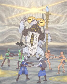 6+boys absurdres armor bibuo blue_surcoat body_piercings disembodied_eye elden_ring elden_ring_nightreign executor_(elden_ring) extra_eyes full_armor goat_horns goat_legs green_hood helmet highres horizontal_pupils horns in-universe_location ironeye_(elden_ring) libra_(elden_ring) mage_staff meme multiple_boys pointing pointing_at_another pointing_spider-man_(meme) scale_armor sigil staff very_big_eyes winged_helmet wylder_(elden_ring)