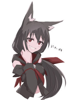 1girl animal_ear_fluff black_hair blush breasts commentary cropped_torso dark_persona eihire grin highres hololive hood hooded_vest hoodie kurokami_fubuki long_hair low_ponytail medium_breasts middle_finger ponytail red_eyes sharp_teeth smile smug solo teeth upper_body vest virtual_youtuber