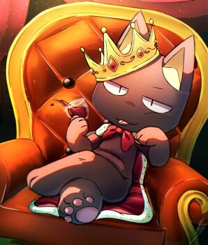 1boy :3 alcohol black_fur cape chair chibikemo commentary crown cup doko_demo_issyo fur-trimmed_cape fur_trim furry furry_male highres holding holding_cup jitome kuro_(doko_demo_issyo) looking_at_viewer male_focus pawpads red_cape red_wine sitting smug solo symbol-only_commentary throne tongue tongue_out wine wolfaroon