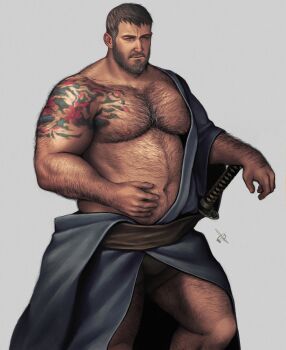 1boy absurdres aged_up back_hair bara bare_pectorals beard_stubble blue_kimono brown_hair bulge bulge_peek chest_hair chris_redfield closed_mouth ericson_blum facial_hair feet_out_of_frame grey_hair hand_hair highres japanese_clothes katana kimono large_pectorals looking_ahead male_focus mature_male muscular muscular_male navel navel_hair nipple_hair nipples official_alternate_costume open_clothes open_kimono pectorals resident_evil short_hair smile solo standing strongman_waist stubble sword thick_arm_hair thick_chest_hair thick_leg_hair thick_thighs thighs very_hairy weapon