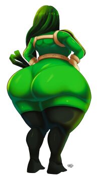 1girl absurdres ass asui_tsuyu bodysuit boku_no_hero_academia full_body gloves green_bodysuit green_hair hands_on_own_hips highres huge_ass long_hair solo standing thick_thighs thighs whatyoudeserved wide_hips