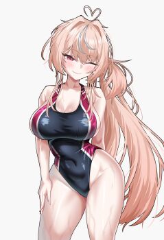 1girl absurdres ahoge black_one-piece_swimsuit breasts commentary competition_swimsuit cowboy_shot encx2272 english_commentary gyechunhoe heart heart_ahoge highleg highleg_one-piece_swimsuit highres indie_virtual_youtuber large_breasts long_hair looking_at_viewer multicolored_hair one-piece_swimsuit one_eye_closed pink_hair red_eyes side_ponytail simple_background smile solo streaked_hair swimsuit two-tone_swimsuit white_background white_hair