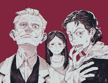 1girl 2boys black_hair black_shirt black_vest clothes_lift collared_shirt crying crying_with_eyes_open dress earrings extra_pupils greyscale_with_colored_background jewelry lab_coat little_girl_(no_i&#039;m_not_a_human) long_hair looking_at_viewer multiple_boys no_i&#039;m_not_a_human norasame_(dagako) old old_man shirt shirt_behind_neck shirt_lift short_hair smile stitched_mouth stitches surgeon_(no_i&#039;m_not_a_human) tears vest white_dress white_hair wireface_(no_i&#039;m_not_a_human)