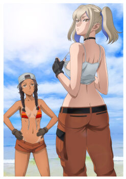 2girls beach bikini braid breasts commentary_request dark-skinned_female dark_skin expressionless gloves gundam gundam_hathaway's_flash hala_morley highres julia_suga kaname_aomame looking_at_viewer looking_back looking_up medium_breasts multicolored_hair multiple_girls ocean swimsuit tan tank_top tanline twintails two-tone_hair