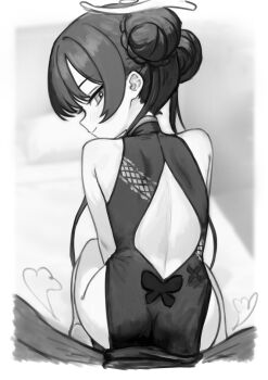 1girl ass back_cutout bare_shoulders blue_archive china_dress chinese_clothes closed_mouth clothing_cutout double_bun dress from_behind hair_bun halo kisaki_(blue_archive) loli long_hair looking_at_viewer looking_back nito_(nshtntr) puff_of_air sitting sleeveless sleeveless_dress smile solo twintails