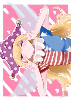 Rule 34 | > <, 1girl, american flag dress, blonde hair, closed eyes, closed mouth, clownpiece, commentary request, fairy wings, hands up, hat, heart, highres, ilvsn6 6, jester cap, light blush, long hair, neck ruff, pink background, polka dot, short sleeves, sideways, signature, solo, star (symbol), star print, striped clothes, touhou, upper body, v, v over eye, wings