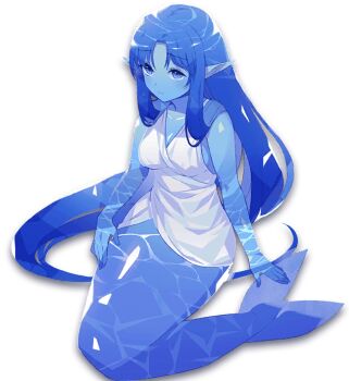 1girl blue_eyes blue_hair blue_skin colored_skin dress_shirt liquid_body looking_at_viewer mermaid monster_farm monster_farm_online monster_girl official_art pointy_ears sad shirt undine_(monster_farm)