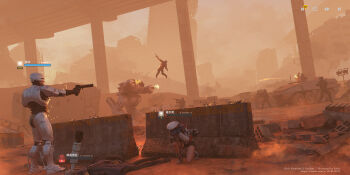 1boy 2girls 5others absurdres aiming arm_cannon artist_name auto-9 battle behind_cover beret blue_hair building car chinese_commentary cinder_block colphne_(girls&#039;_frontline_2) commentary_request copyright_name corpse cowering crossover cyborg deflect dual_arm_cannons dust_cloud ed-209 erich finger_on_trigger firing floodlights full_body girls&#039;_frontline girls&#039;_frontline_2:_exilium grey_armor gun handgun hands_on_own_head hat health_bar helmet highres holding holding_gun holding_weapon jacket jersey_barrier kneeling lying mecha midair motor_vehicle multiple_girls multiple_others nemesis_(girls&#039;_frontline_2) non-humanoid_robot object_through_head on_ground on_stomach outdoors robocop robocop_(character) robot science_fiction shoes shorts soldier sparks standing steel_beam thigh_strap user_interface vehicle_request walker_(robot) watermark weapon web_address weibo_username white_hat white_jacket