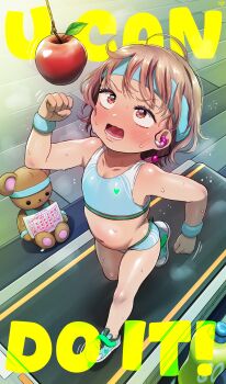 1girl ahoge apple belly blue_shoes blue_shorts blue_sports_bra blush born-to-die bottle brown_eyes brown_hair calendar collarbone earbuds earphones english_text exercising female_focus flat_chest flying_sweatdrops food fruit gym headband heart heart_print highres loli looking_up medium_hair navel open_mouth original print_shoes print_sports_bra red_eyes rope running shoes short_hair short_shorts shorts sneakers solo sports_bra steam stomach stuffed_animal stuffed_toy sweat sweatband teddy_bear teeth thighs treadmill water_bottle wristband