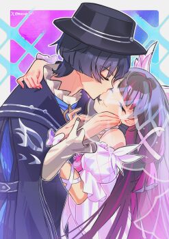 Rule 34 | 1boy, 1girl, absurdres, arm ribbon, ascot, black cloak, black gloves, black hair, black hat, blue ascot, blue background, blunt bangs, blunt ends, blunt tresses, boater hat, border, bow, choppy bangs, cloak, closed eyes, closed mouth, colored inner hair, columbina (genshin fes 2026) (genshin impact), columbina (genshin impact), couple, curled fingers, detached collar, detached sleeves, eyelashes, eyeliner, facing another, feathered wings, fingernails, formal clothes, frilled shirt collar, frilled sleeves, frills, genshin impact, gloves, hair intakes, hair ornament, hair ribbon, hand on another's back, hand on another's face, hand on another's neck, hands up, happy, hat, head down, head tilt, head wings, height difference, hetero, highres, kiss, kissing cheek, long hair, long sleeves, makeup, meroo art, multicolored hair, official alternate costume, pink background, pink hair, pink sleeves, puckered lips, puffy sleeves, red eyeliner, ribbon, scaramouche (genshin impact), shirt, single bare shoulder, smile, streaked hair, swept bangs, tress ribbon, twitter username, two-tone background, undershirt, veil, very long hair, wanderer (genshin fes 2026) (genshin impact), wanderer (genshin impact), white border, white bow, white ribbon, white shirt, white sleeves, white trim, white veil, white wings, wing hair ornament, wings, wrist bow
