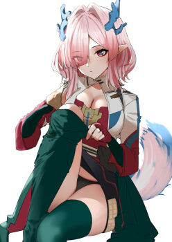 1girl arknights arknights:_endfield black_panties blue_eyes blue_horns blue_tail breasts cleavage closed_mouth commentary_request dressing eyes_visible_through_hair fingerless_gloves gloves green_eyes green_thighhighs grey_shirt grey_tail hair_intakes hair_over_one_eye horns invisible_chair knee_up long_sleeves looking_at_viewer medium_breasts medium_hair mi_fu_(arknights) mole mole_under_eye multicolored_eyes panties pink_hair pointy_ears red_eyes red_gloves red_shirt shirt simple_background sitting solo tail thighhighs underwear white_background z_(knkr1025)