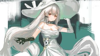 abstract_background absurdres alternate_costume alternate_gloves arknights beads black_choker bow breasts chain choker commentary dress elbow_gloves frown gloves hair_ornament hat highres large_breasts leaf long_hair low-tied_long_hair off-shoulder_dress off_shoulder red_eyes skadi_(arknights) upper_body waqpacc white_dress white_hair white_hat wide_brim