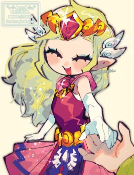 1boy 1girl belt blonde_hair blush commentary_request dress floating_hair gloves jewelry link long_dress long_hair looking_at_viewer necklace nintendo pink_dress pointy_ears princess_zelda repikinoko smile the_legend_of_zelda the_legend_of_zelda:_spirit_tracks the_legend_of_zelda:_the_wind_waker tiara toon_link toon_zelda