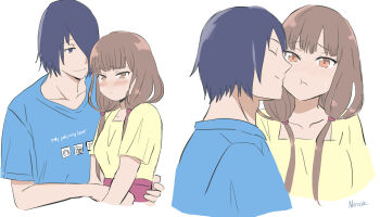Rule 34 | 1boy, 1girl, artist name, blue shirt, blush, breasts, brown eyes, brown hair, closed mouth, english text, highres, iino miko, ishigami yuu, kaguya-sama wa kokurasetai ~tensai-tachi no renai zunousen~, long hair, medium breasts, nana (7kah), pout, red skirt, shirt, shirt tucked in, short hair, skirt, smile