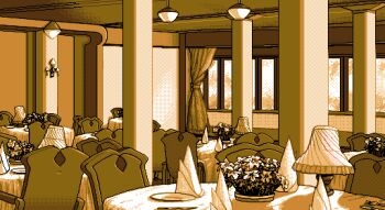 bouquet ceiling_light chair copyright_request desk_lamp diner flower game_cg indoors lamp monochrome no_humans orange_theme pc-98_(style) retro_artstyle sepia support_pillar table tablecloth window