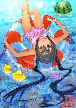 Rule 34 | 1girl, afloat, bare shoulders, black hair, brown eyes, commentary, coral, coral reef, food, frilled one-piece swimsuit, frills, from above, fruit, hair between eyes, highres, holding, holding food, holding popsicle, k-on!, long hair, looking at viewer, lying, melon, melting popsicle, nakano azusa, ogust27, on back, one-piece swimsuit, open mouth, outdoors, pink one-piece swimsuit, popsicle, rubber duck, signature, solo, swim ring, swimsuit, tan, thighhighs, twintails, water