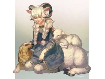 1girl animal_ears baby_animal blue_dress braid centauroid closed_eyes closed_mouth curled_horns dog dress headpat horns lamb long_hair long_sleeves monster_girl mullmull02 original petting sash sheep sheep_girl sitting smile solo taur twin_braids white_hair