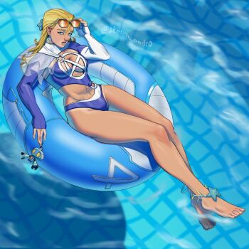 1girl anklet artist_name breasts eyewear_on_head highres innertube jewelry marvel marvel_rivals medium_breasts navel official_alternate_costume orange-tinted_eyewear pool sketch_pedro solo sue_storm sue_storm_(azure_shade) swim_ring tinted_eyewear