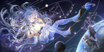 1girl 2others artist_name astronaut bad_id bad_twitter_id commentary e=mc2_(equation) english_commentary full_body grey_hair high_heels highres izzycrownart jacket long_hair mornye_(wuthering_waves) multiple_others orb parted_lips planet red_eyes see-through_body solo space white_jacket wuthering_waves