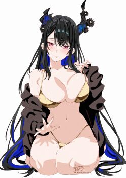 1girl absurdres alternate_costume asymmetrical_horns barefoot bikini black_hair black_jacket blue_hair breasts cleavage closed_mouth colored_inner_hair crossed_bangs flower full_body gold_bikini golden_week hair_between_eyes halterneck head_tilt highleg highleg_bikini highres hololive hololive_english horn_flower horns jacket kamiya_maneki lap_pillow_invitation large_breasts long_hair looking_at_viewer mole mole_on_thigh mole_under_eye multicolored_hair navel nerissa_ravencroft off_shoulder open_clothes open_jacket red_eyes seiza sidelocks simple_background sitting slit_pupils smile solo straight-on straight_hair strap_lift string_bikini swimsuit uneven_horns very_long_hair virtual_youtuber white_background