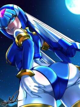 1girl absurdres armor ass blue_armor blue_eyes blue_helmet blush breasts cowboy_shot fairy_leviathan_(mega_man) forehead_jewel from_behind full_moon helmet highres large_breasts mega_man_(series) mega_man_zero_(series) moon night rockartistz solo