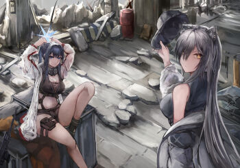 2girls absurdres animal_ears arknights arms_up bare_legs baseball_cap black_boots black_shorts blue_archive blue_eyes blue_hair boots breasts cat_ears coat cosplay costume_switch crop_top foot_out_of_frame grey_coat grey_hair halo hat highres holding holding_unworn_clothes holding_unworn_hat kisumun long_hair medium_breasts midriff multiple_girls navel off_shoulder pouch revision saori_(blue_archive) saori_(blue_archive)_(cosplay) schwarz_(arknights) schwarz_(arknights)_(cosplay) short_shorts shorts sitting stomach thigh_strap thighs unworn_hat unworn_headwear very_long_hair yellow_eyes