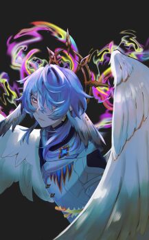 1boy absurdres badge blue_hair cinnamelle collar commentary earrings english_commentary feathered_wings hair_over_one_eye halo halo_behind_head head_wings highres honkai:_star_rail honkai_(series) jacket jewelry medium_hair piercing sunday_(honkai:_star_rail) wings yellow_eyes
