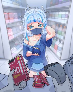 1girl ^^^ areola_slip barcode_scanner blue_eyes blue_hair blue_hoodie blunt_bangs buying_condoms cash_register collarbone commentary condom condom_box convenience_store counter embarrassed fins fish_tail flat_chest gawr_gura grey_hair hand_on_own_head heart heart-shaped_pupils highres holding holding_barcode_scanner holding_wallet hololive hololive_english hood hoodie loli long_hair looking_to_the_side mask messy_hair moral_cacoethes mouth_mask multicolored_hair nervous nipple_slip nipples no_pants okamoto_condoms out_of_frame paid_reward_available pov pov_hands pussy_juice shark_girl shark_tail shelf shop short_sleeves solo_focus streaked_hair surgical_mask sweat symbol-only_commentary symbol-shaped_pupils tail trembling virtual_youtuber wallet